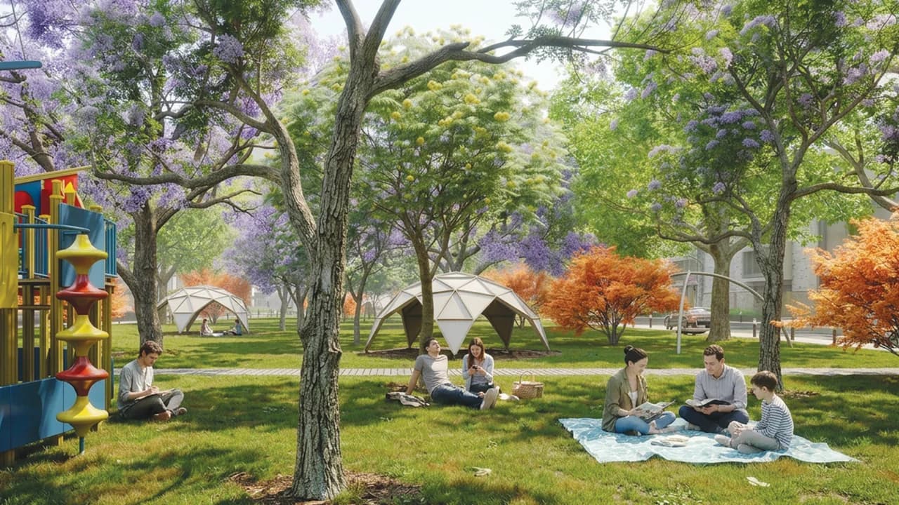 Verdant Garden Seating Surrounded by Lush Trees