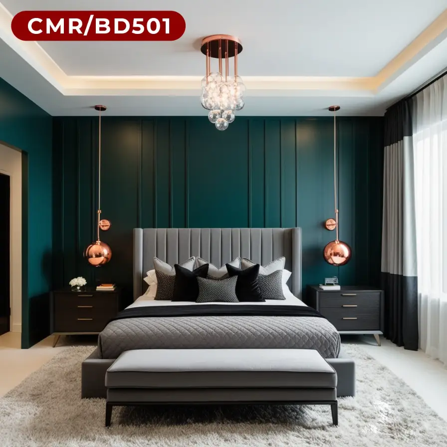 Modern Bedroom with Teal Accent Wall and Copper Pendant Lights