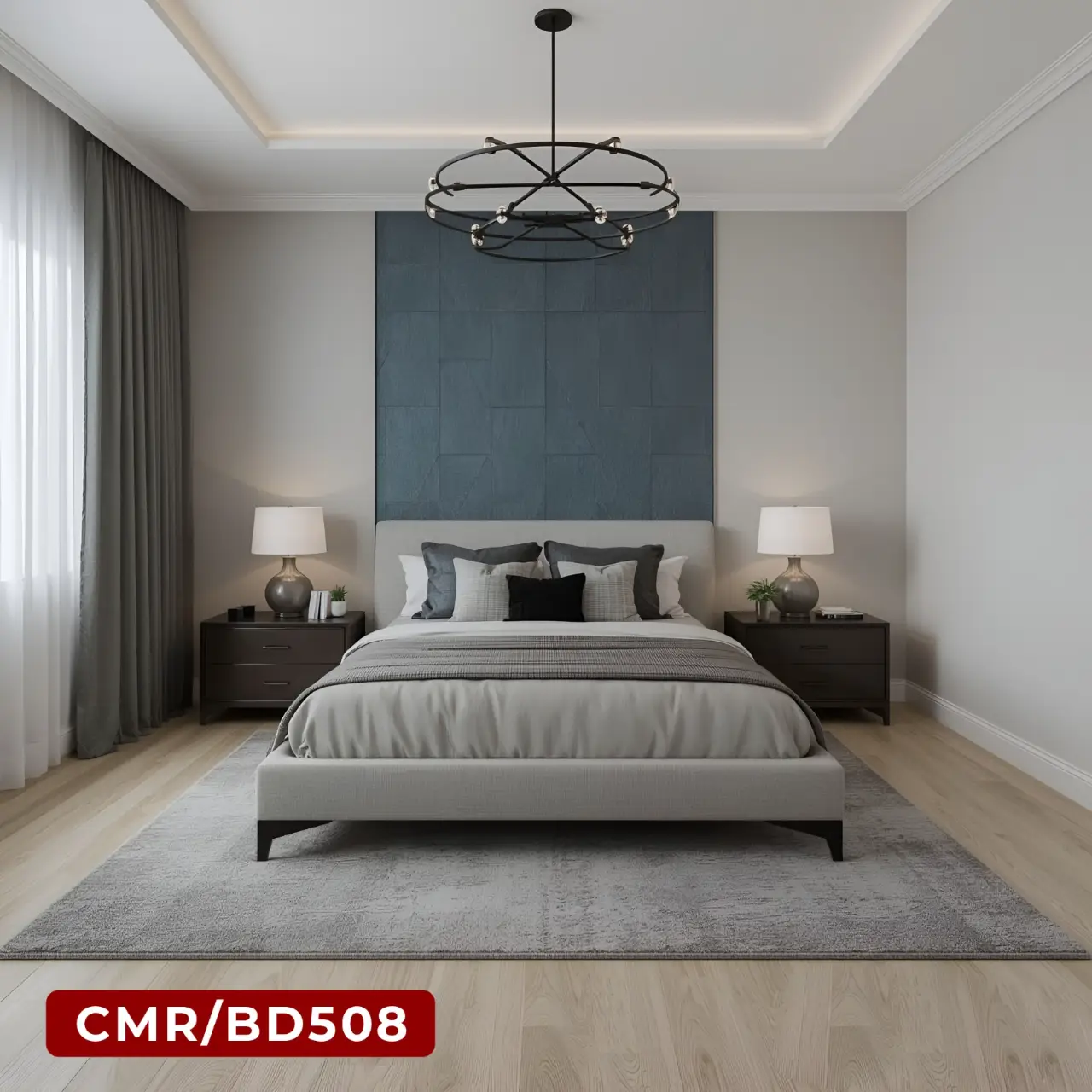 Minimalist Bedroom with Blue Stone Accent Wall