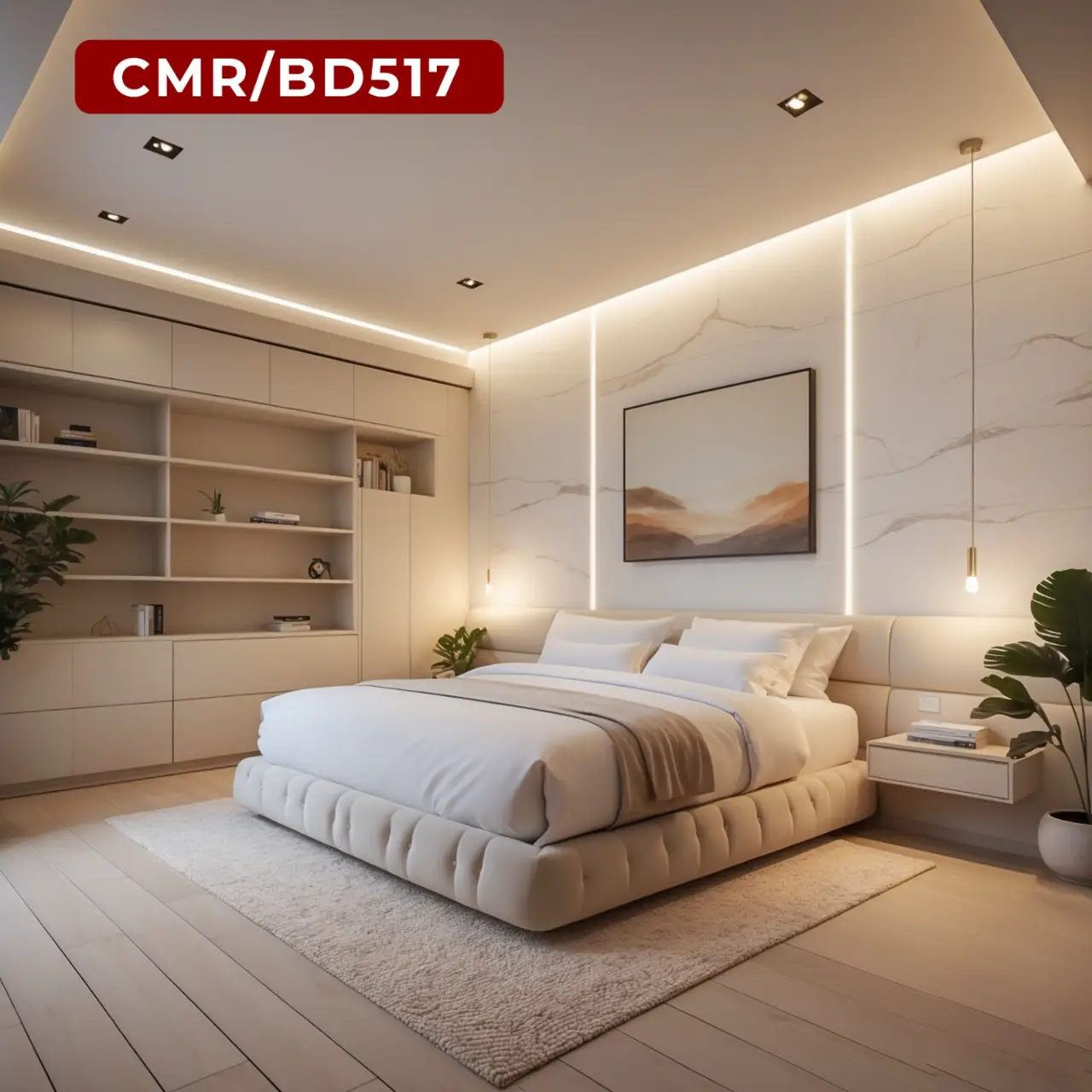 Serene White Bedroom with Marble Accent Wall