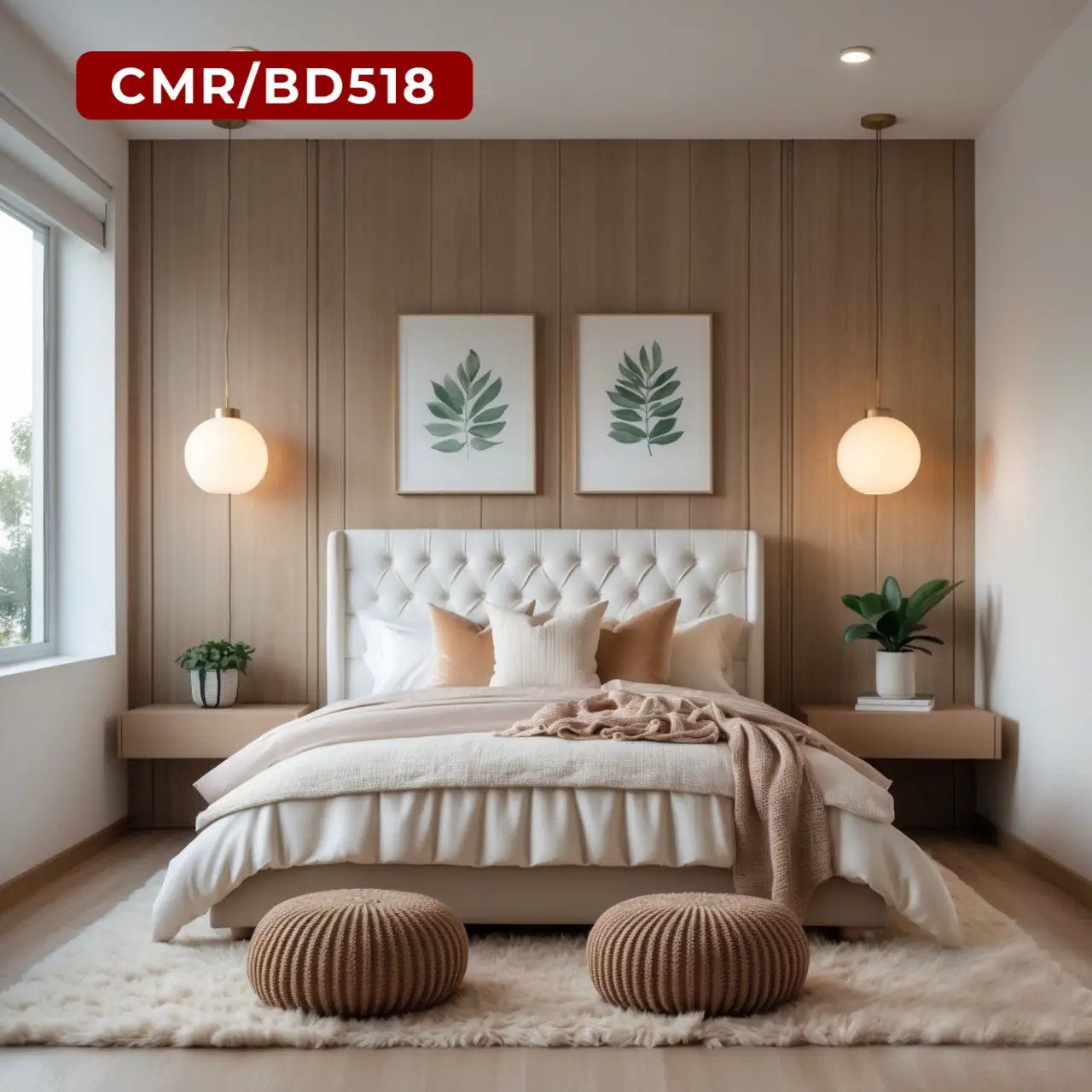 Warm Bedroom with Botanical Art and Wood Paneling