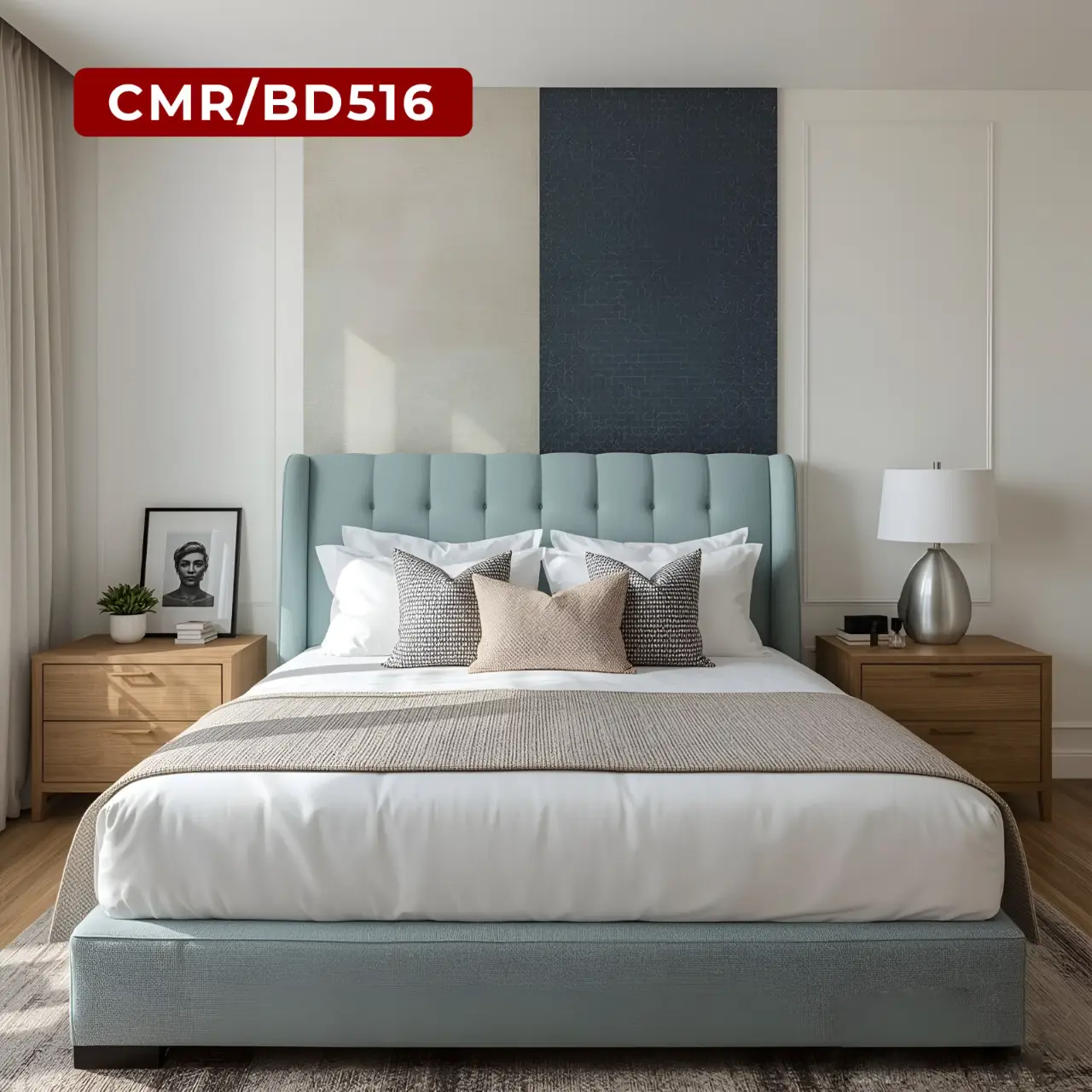 Bedroom with Dusty Blue Tufted Headboard