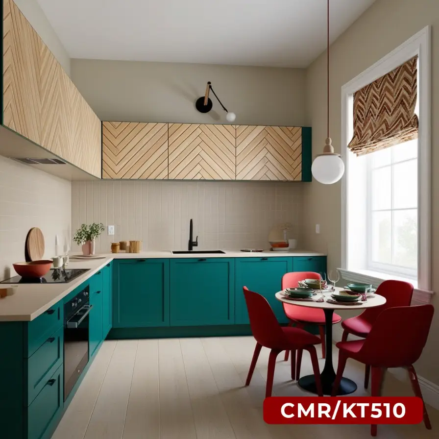 Colorful Kitchen with Teal Cabinets and Dining Nook