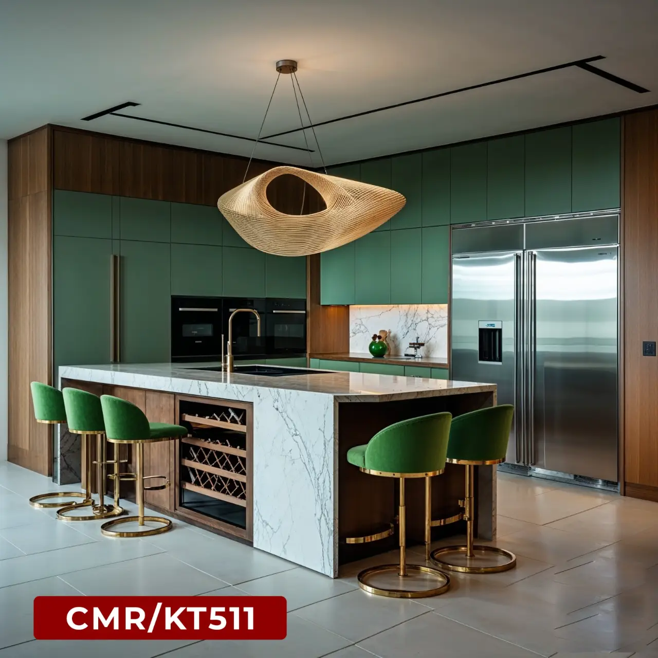 Luxury Kitchen Island with Marble Countertop and Green Bar Stools