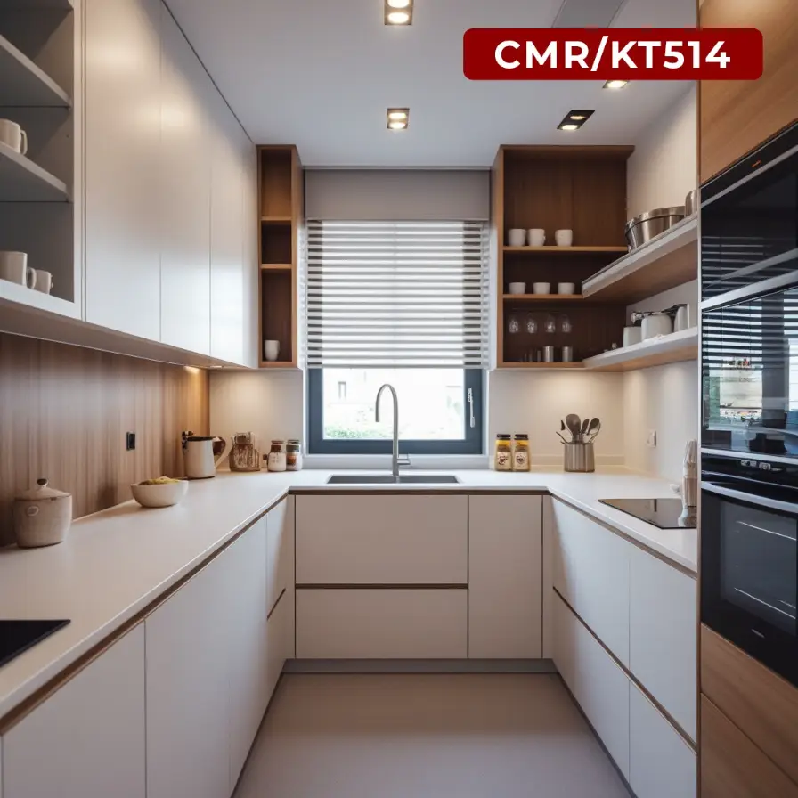 U-Shaped Kitchen with Wood and White Cabinetry