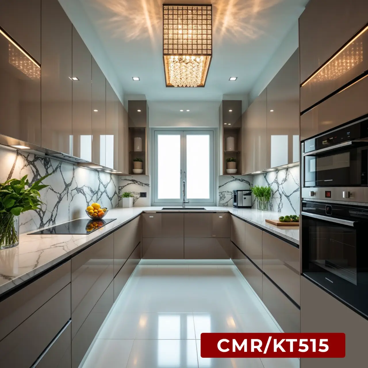 Elegant Galley Kitchen with Crystal Chandelier