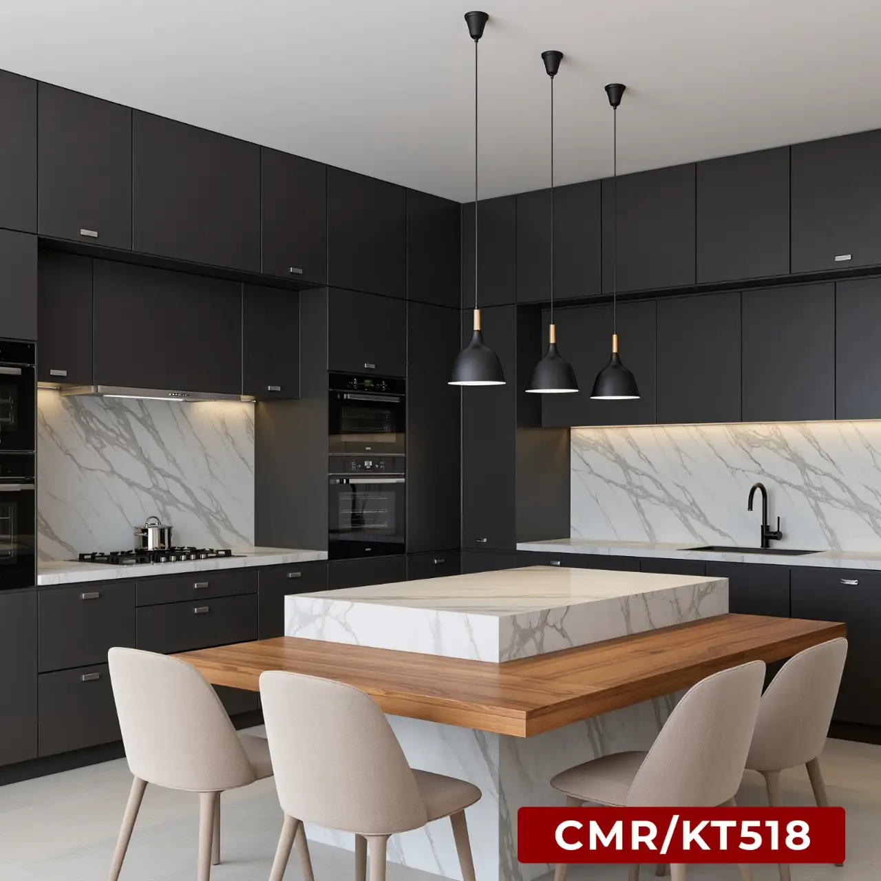 Matte Black Kitchen with Marble Island and Dining Table
