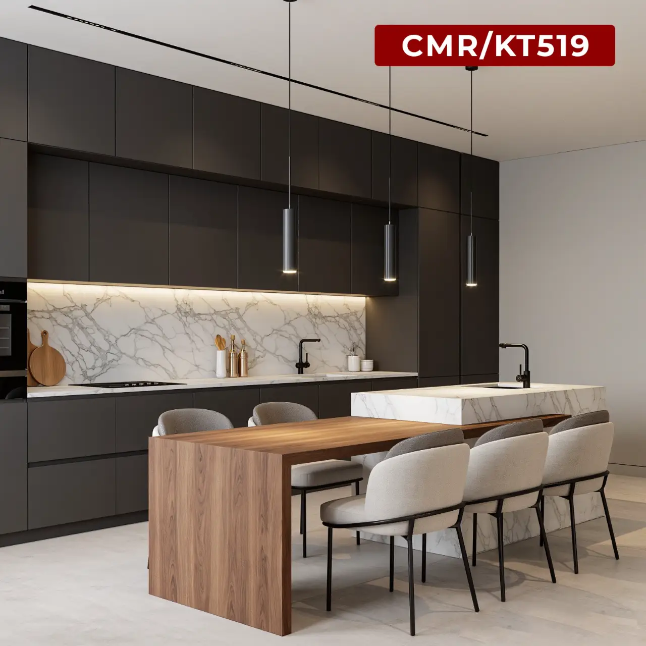 Dark Kitchen with Marble Island and Dining Seating