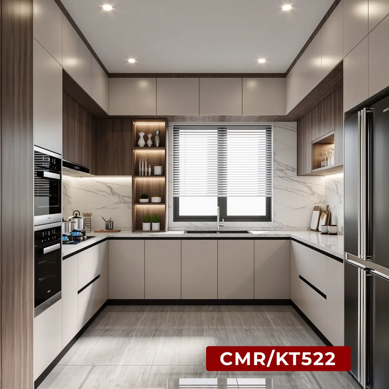 U-Shaped Kitchen with Walnut and White Cabinetry