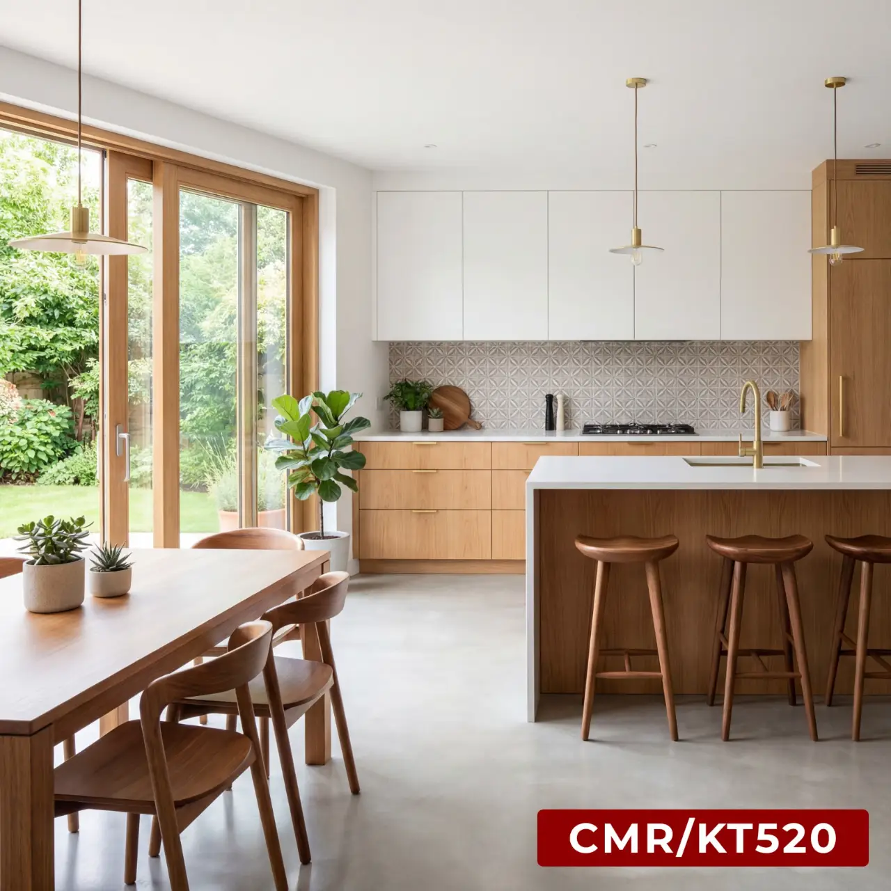 Bright Kitchen with Wood Cabinetry and Garden View